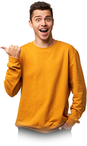 An excited person pointing to skill icons