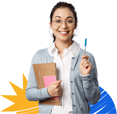 A smiling woman with glasses holding a notebook
